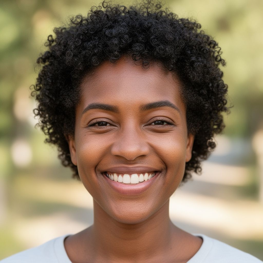 Smiling woman with short curly hair outdoors