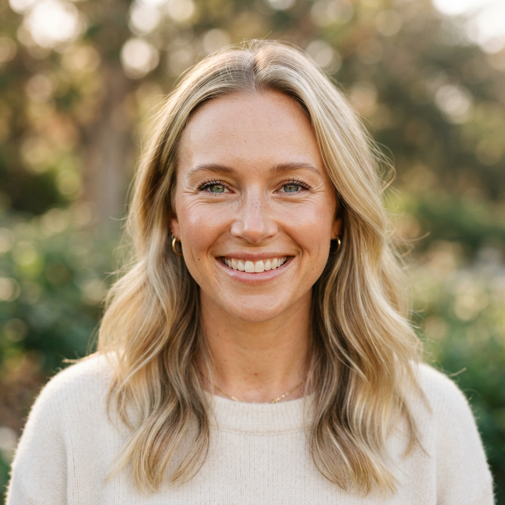 Smiling blonde woman with shoulder-length hair