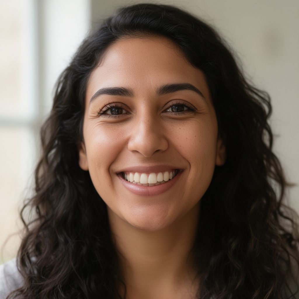 Smiling woman with dark wavy hair