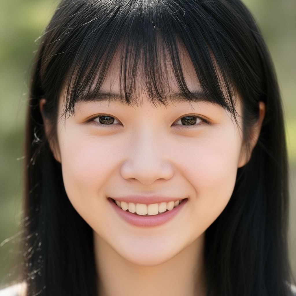 Smiling woman with black hair and bangs